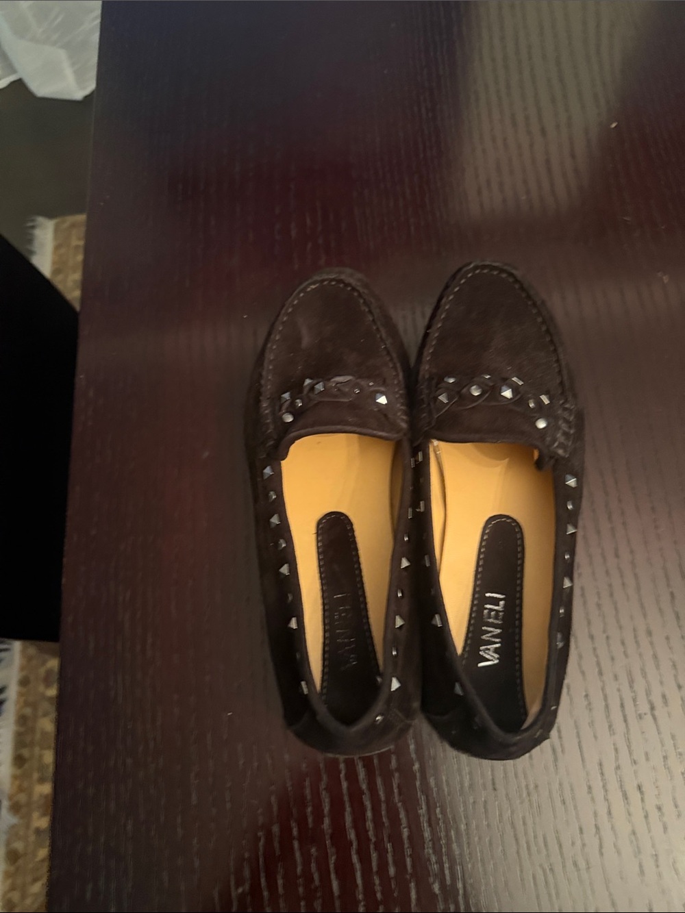 Vaneli Brown Suede Studded Loafers